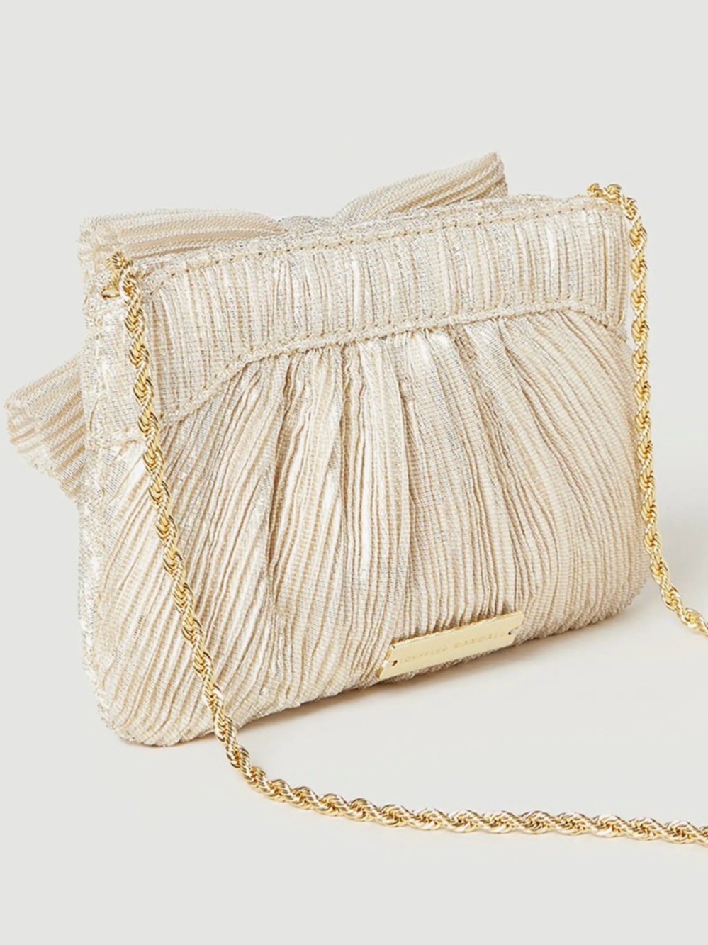 Loeffler Randall Ivory Pleated Bow Clutch with Gold Chain - Picture 13 of 14